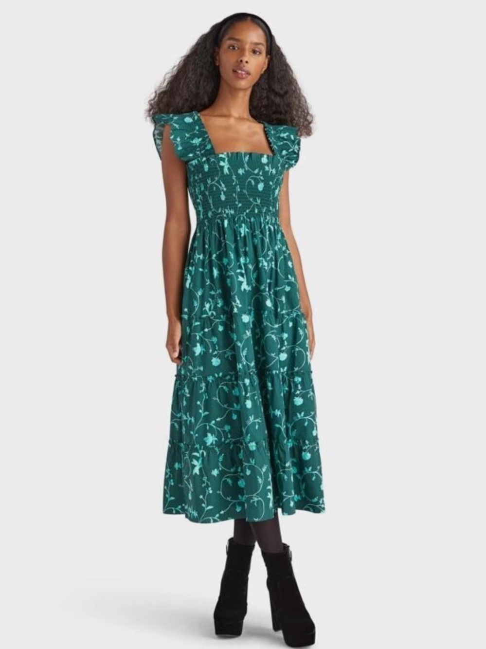 Hill House Forest Green Floral Square-Neck Midi Dress